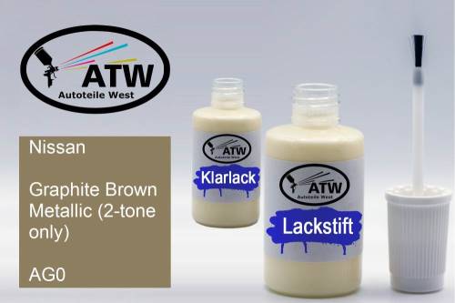 Nissan, Graphite Brown Metallic (2-tone only), AG0: 20ml Lackstift + 20ml Klarlack - Set, von ATW Autoteile West.